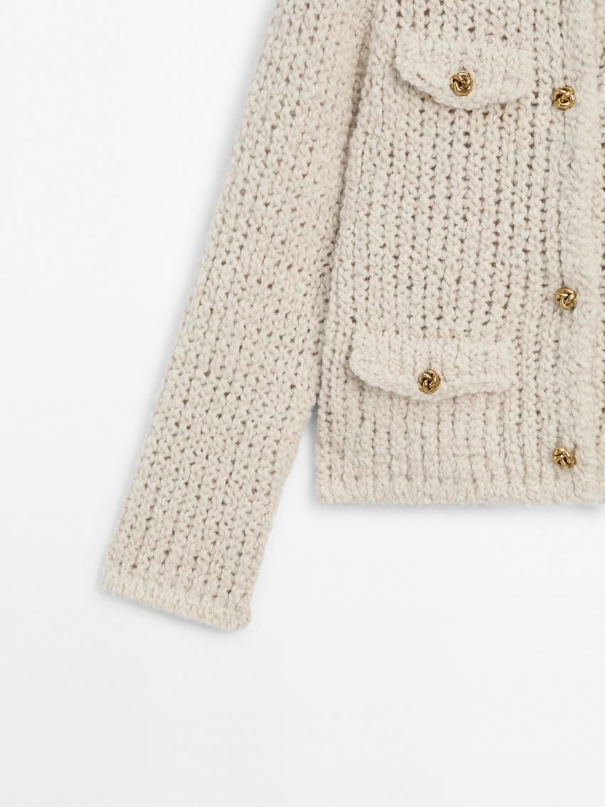 Massimo Dutti Knit With Pocket Details Women Cardigan Cream | US-DV5036814