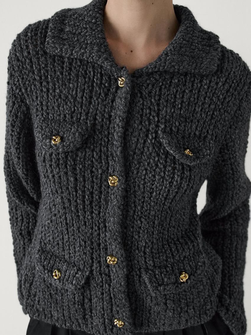 Massimo Dutti Knit With Pocket Details Women Cardigan Dark Grey | US-TA5093241