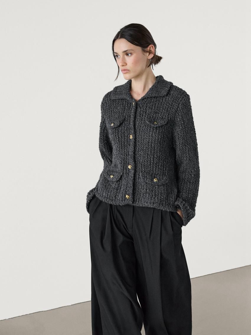 Massimo Dutti Knit With Pocket Details Women Cardigan Dark Grey | US-TA5093241