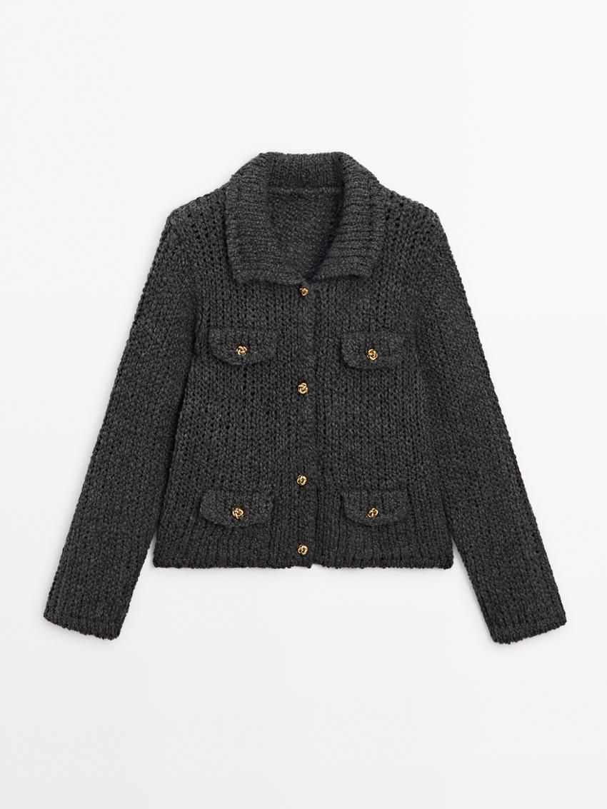 Massimo Dutti Knit With Pocket Details Women Cardigan Dark Grey | US-TA5093241