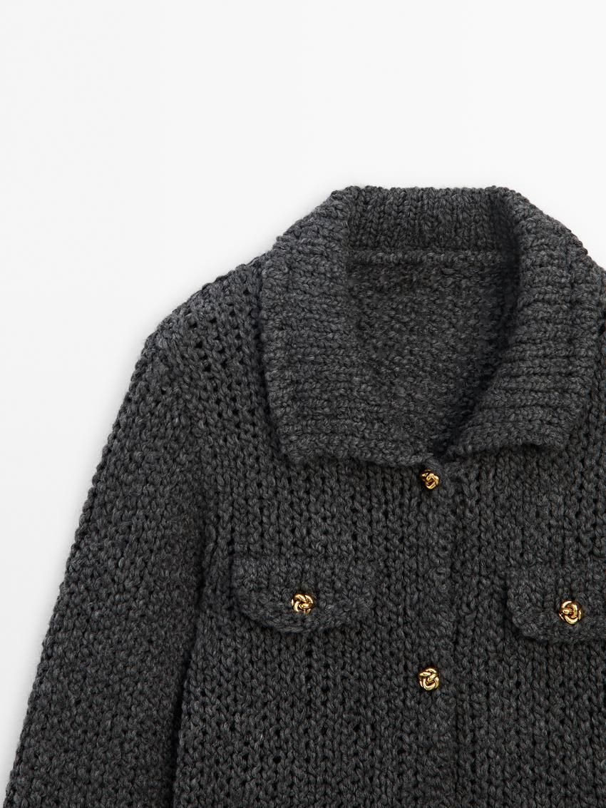 Massimo Dutti Knit With Pocket Details Women Cardigan Dark Grey | US-TA5093241