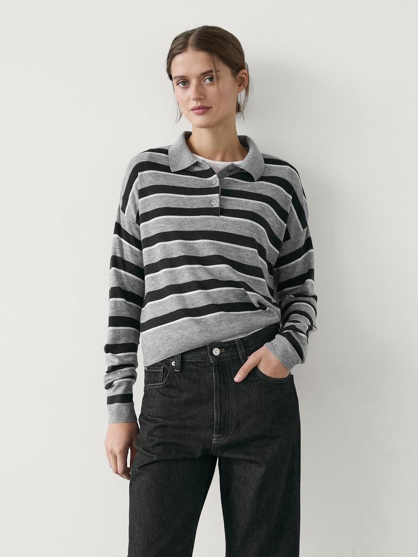 Massimo Dutti Knit With Polo Collar And Buttons Women Sweater Grey / Black | US-DZ9150872