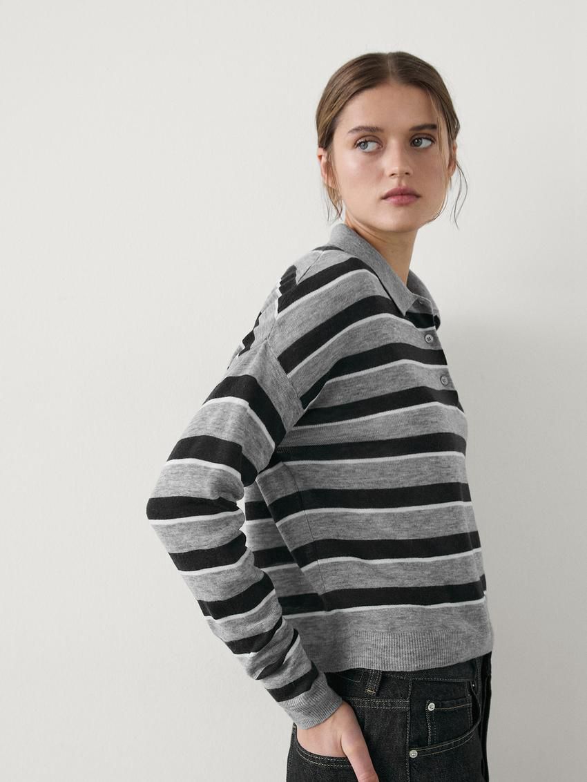 Massimo Dutti Knit With Polo Collar And Buttons Women Sweater Grey / Black | US-DZ9150872