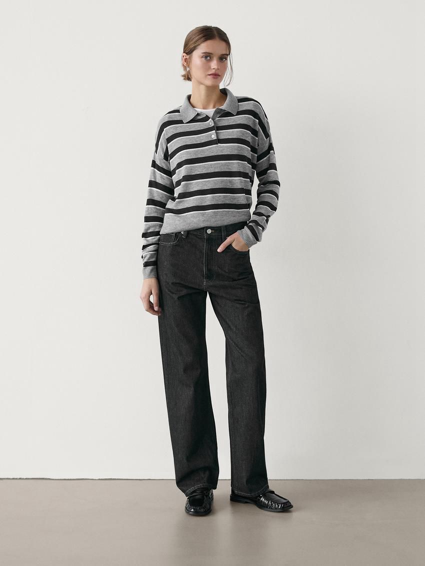 Massimo Dutti Knit With Polo Collar And Buttons Women Sweater Grey / Black | US-DZ9150872