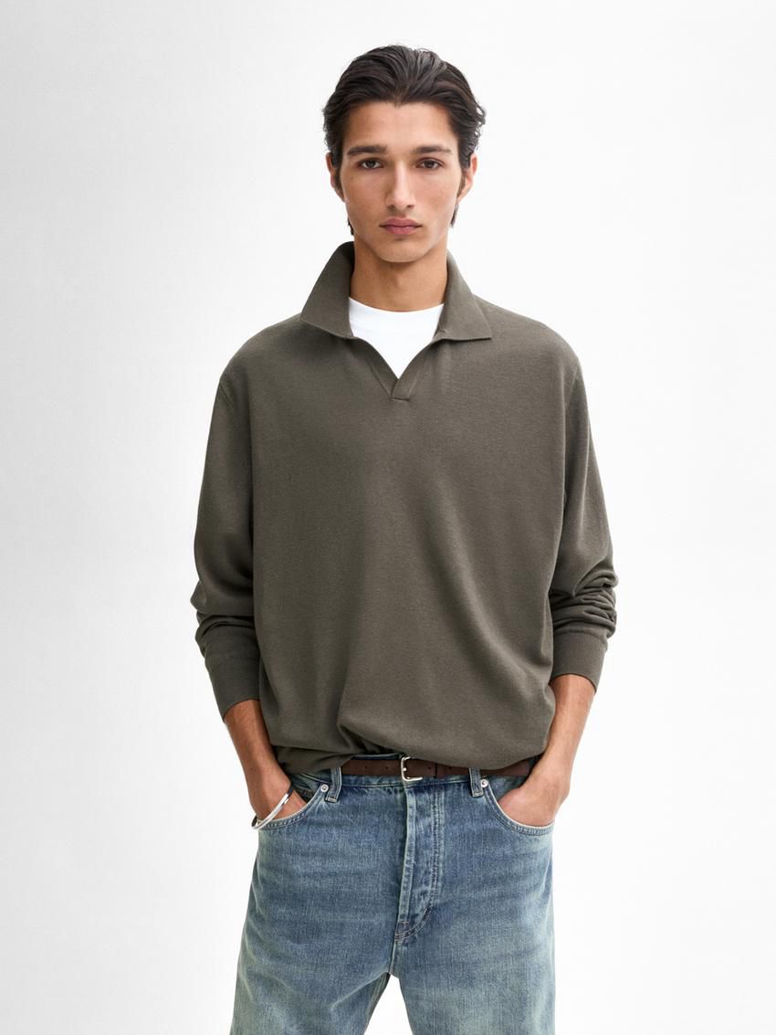 Massimo Dutti Knit With Polo Collar Men Sweater Dark Khaki | US-RL8314765