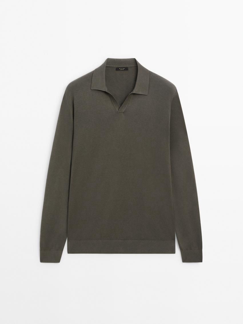 Massimo Dutti Knit With Polo Collar Men Sweater Dark Khaki | US-RL8314765