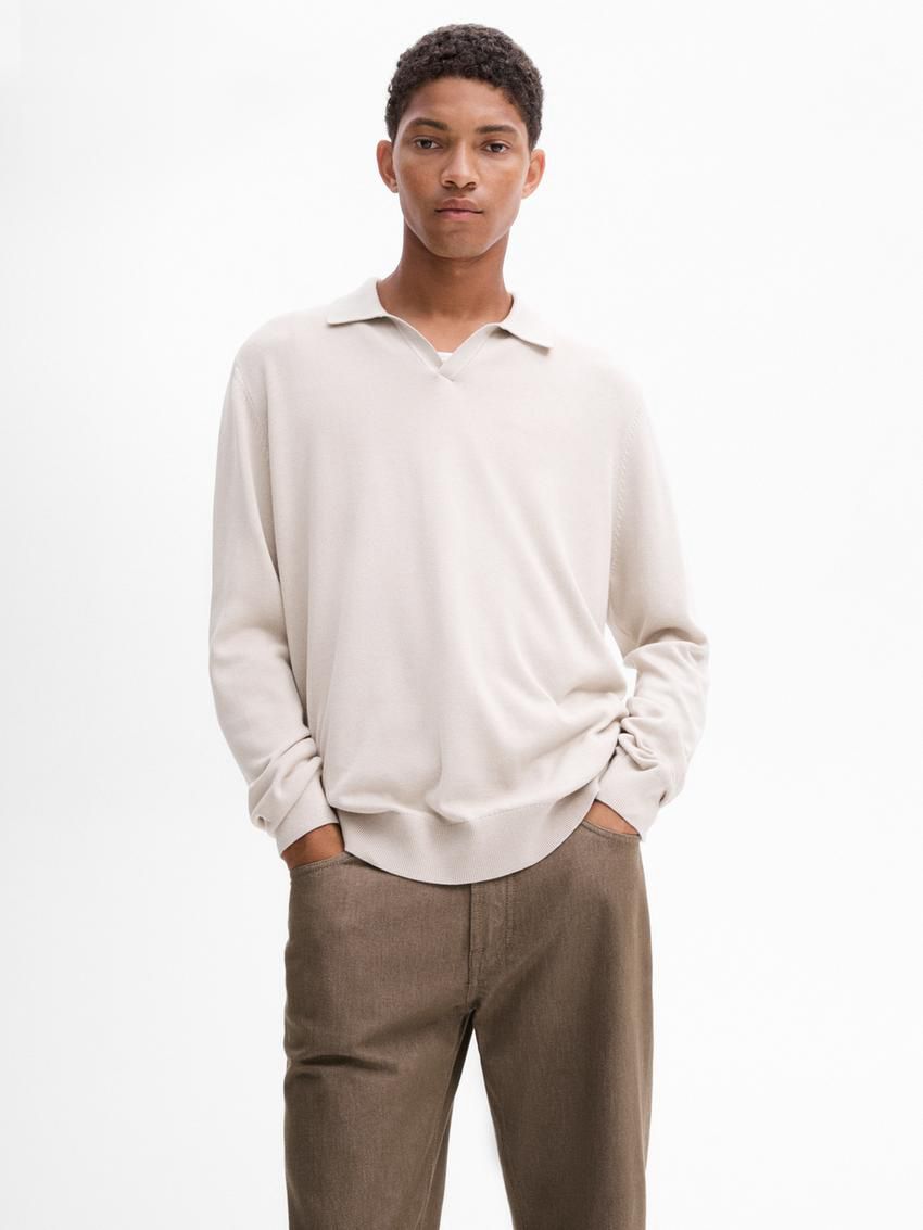 Massimo Dutti Knit With Polo Collar Men Sweater Beige | US-KD0896357