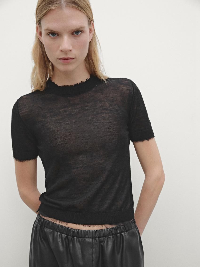 Massimo Dutti Knit With Short Sleeves And Distressed Detail Women Sweater Black | US-PB4527631