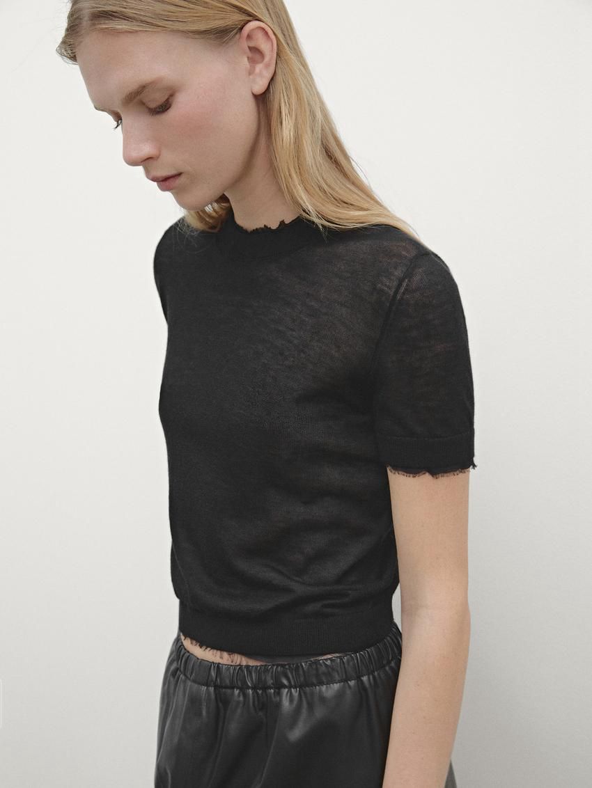 Massimo Dutti Knit With Short Sleeves And Distressed Detail Women Sweater Black | US-PB4527631