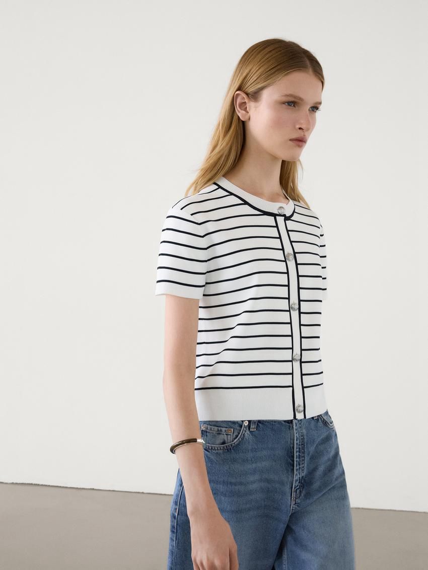 Massimo Dutti Knit With Silver Buttons Women Cardigan White / Black | US-QX5183924