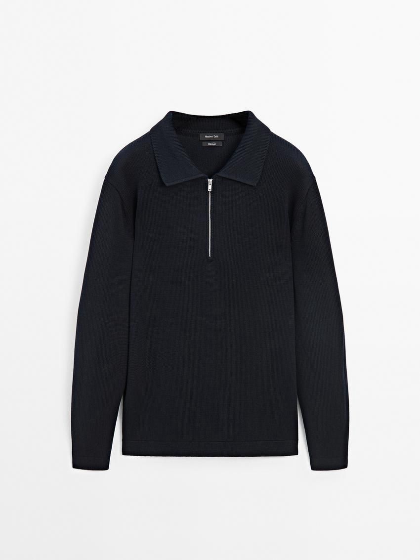 Massimo Dutti Knit With Zip Polo Collar Men Sweater Navy | US-FL6357249