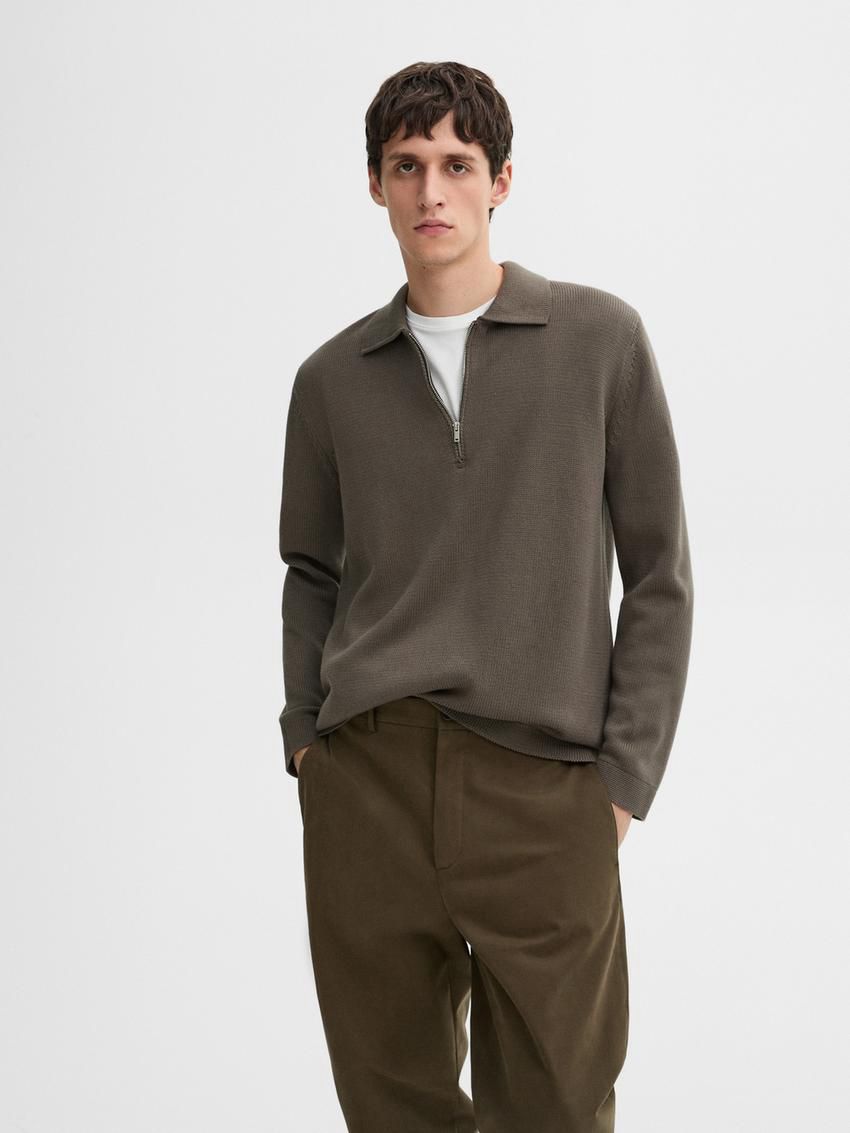 Massimo Dutti Knit With Zip Polo Collar Men Sweater Khaki | US-UZ3042156