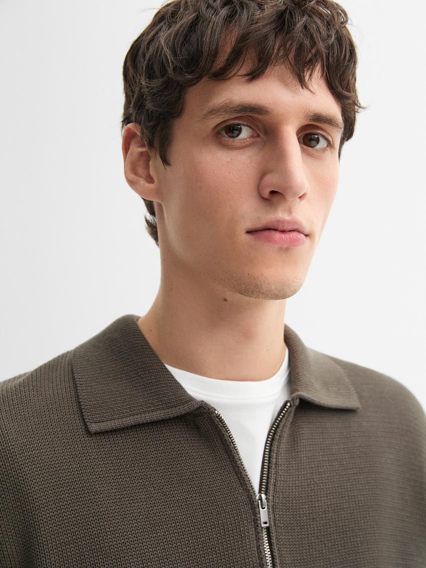 Massimo Dutti Knit With Zip Polo Collar Men Sweater Khaki | US-UZ3042156