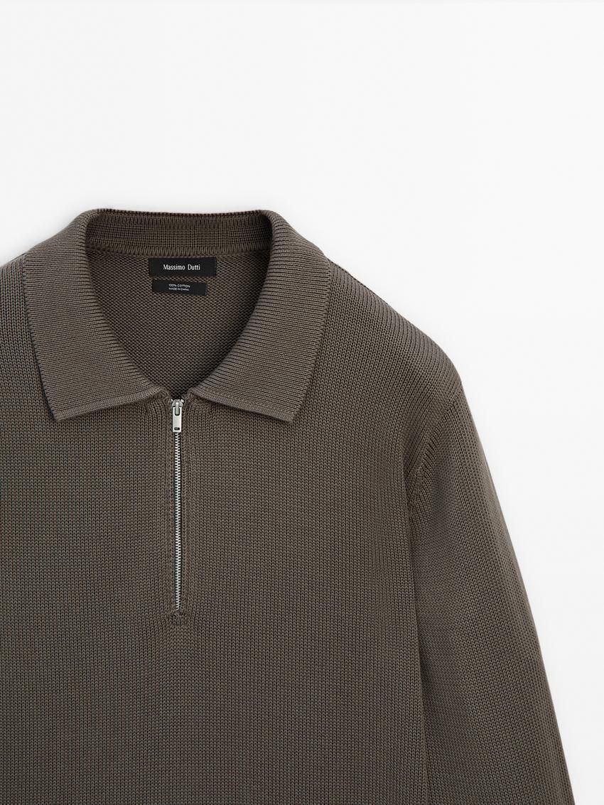 Massimo Dutti Knit With Zip Polo Collar Men Sweater Khaki | US-UZ3042156