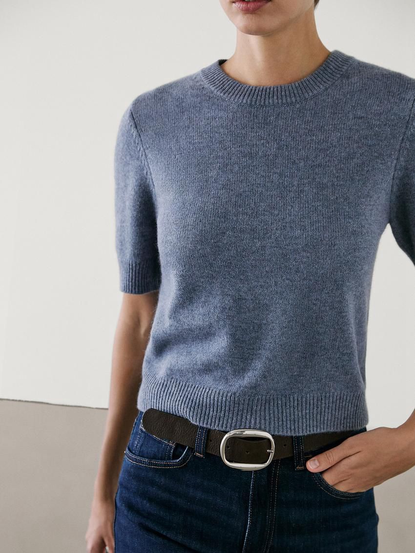 Massimo Dutti Knit Wool Blend With Short Sleeves Women Sweater Blue | US-AT5208463
