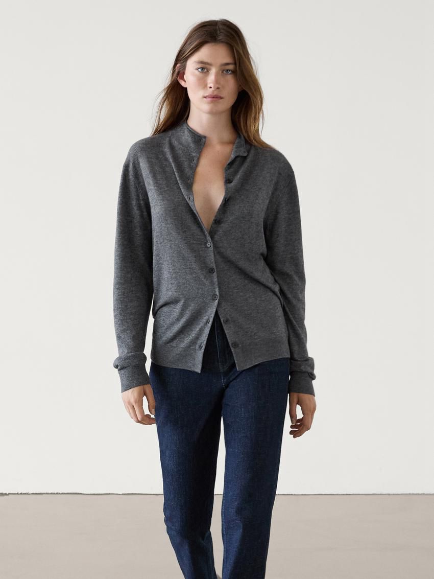 Massimo Dutti Knitted Perkins Collar Women Cardigan Dark Grey | US-PK2369854
