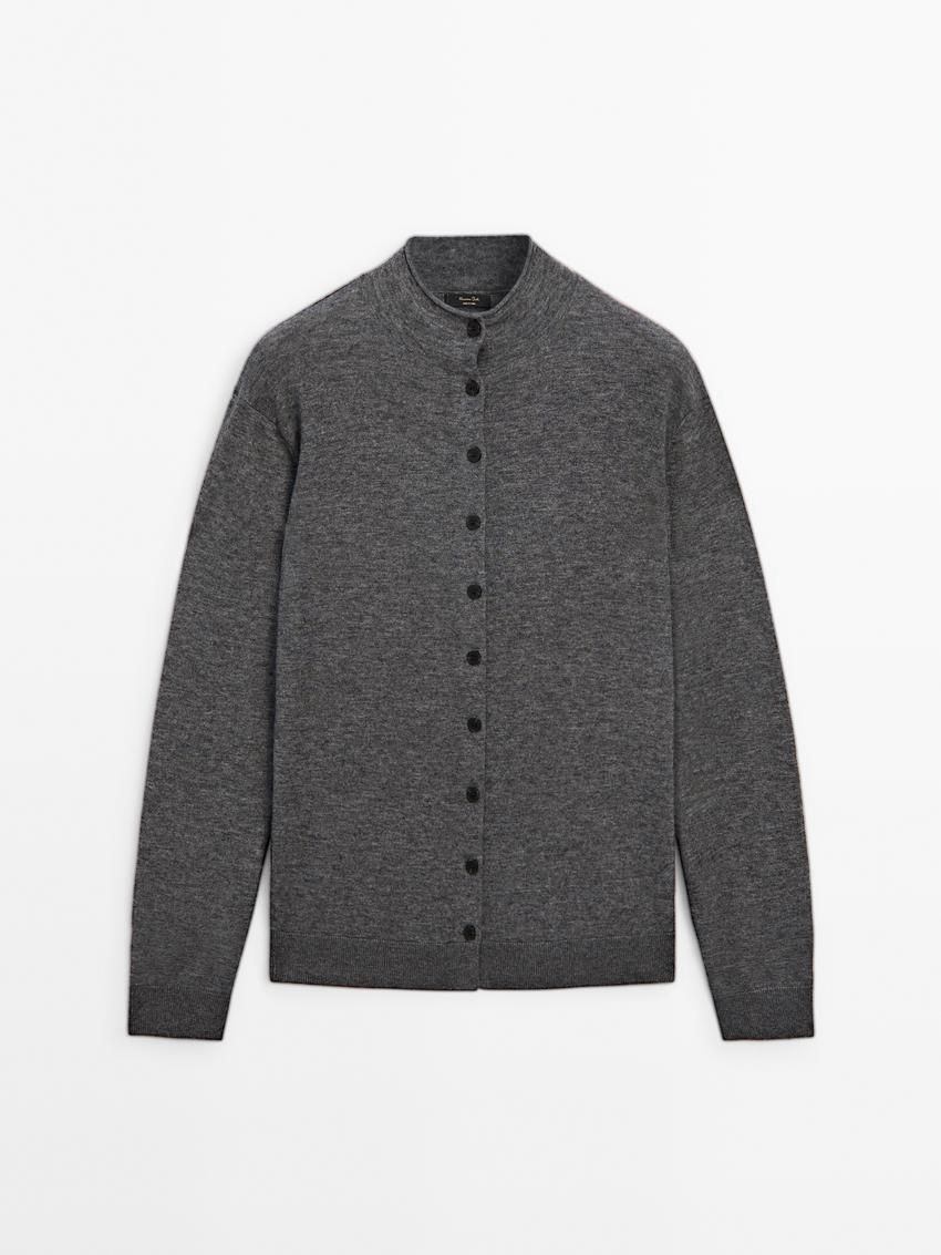 Massimo Dutti Knitted Perkins Collar Women Cardigan Dark Grey | US-PK2369854