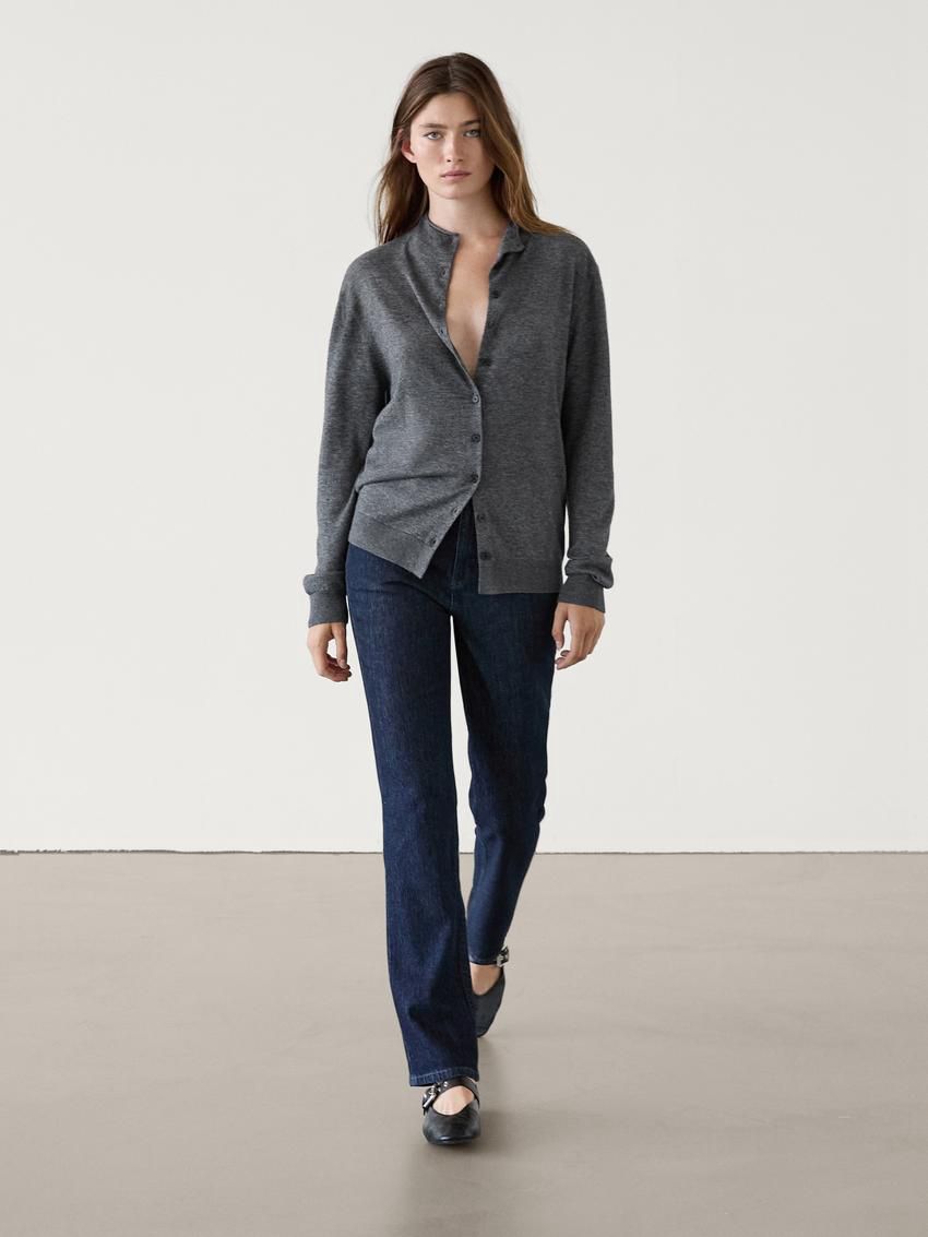 Massimo Dutti Knitted Perkins Collar Women Cardigan Dark Grey | US-PK2369854