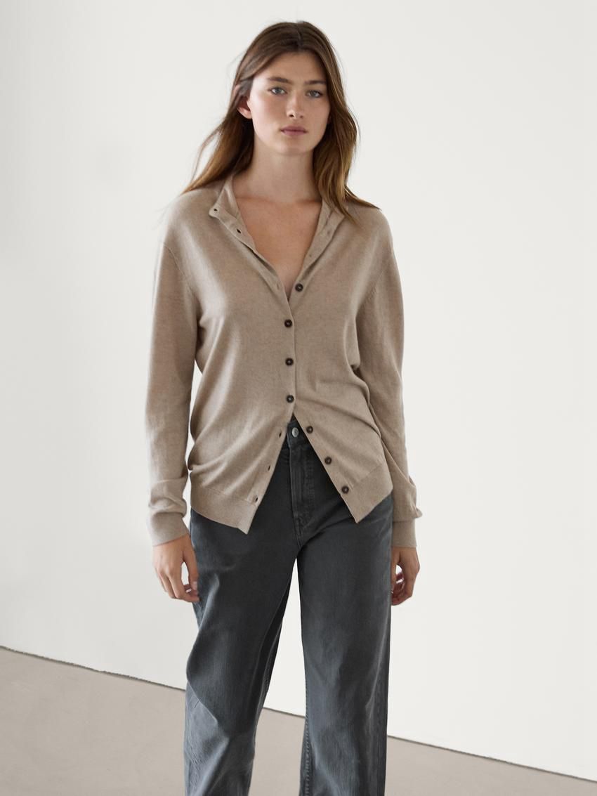 Massimo Dutti Knitted Perkins Collar Women Cardigan Khaki | US-KQ5638179