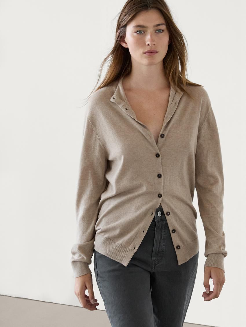 Massimo Dutti Knitted Perkins Collar Women Cardigan Khaki | US-KQ5638179