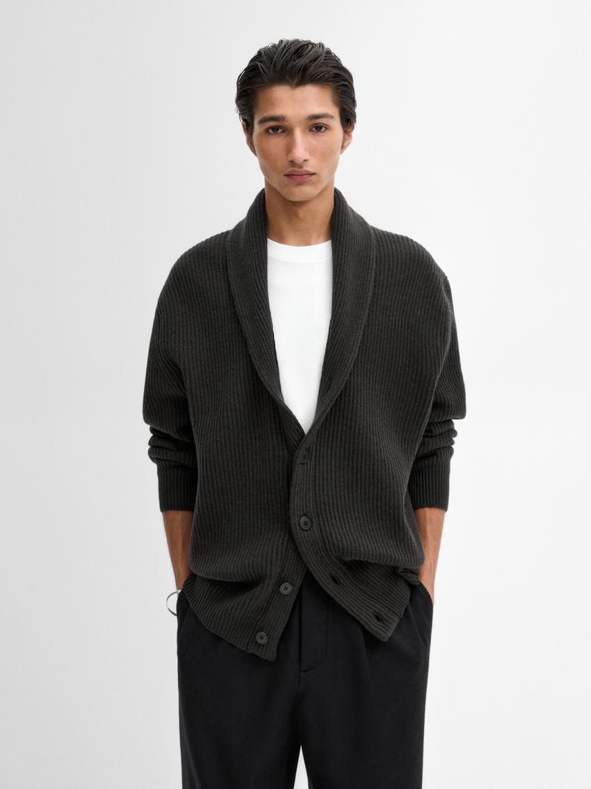 Massimo Dutti Knitted Shawl Collar Men Cardigan Dark Grey | US-ZM0489235