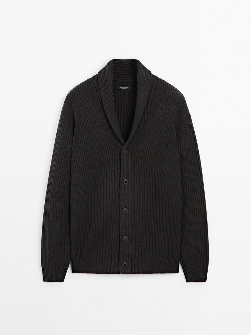 Massimo Dutti Knitted Shawl Collar Men Cardigan Dark Grey | US-ZM0489235