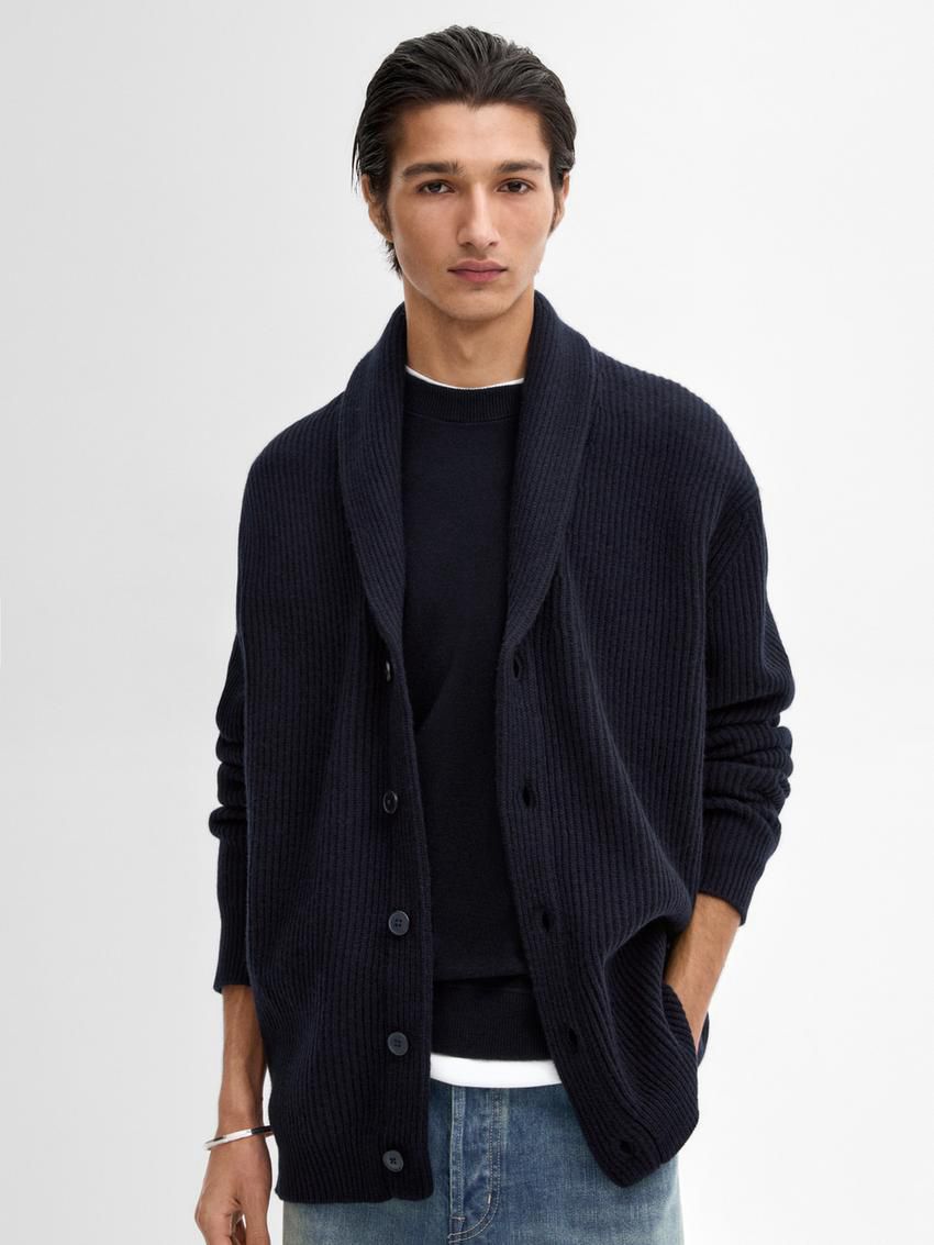 Massimo Dutti Knitted Shawl Collar Men Cardigan Navy | US-XZ3508621