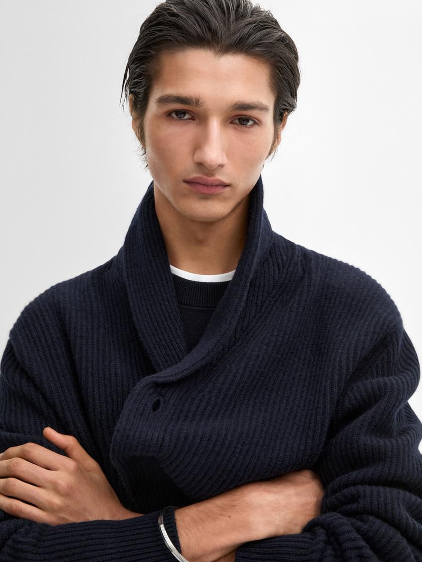 Massimo Dutti Knitted Shawl Collar Men Cardigan Navy | US-XZ3508621