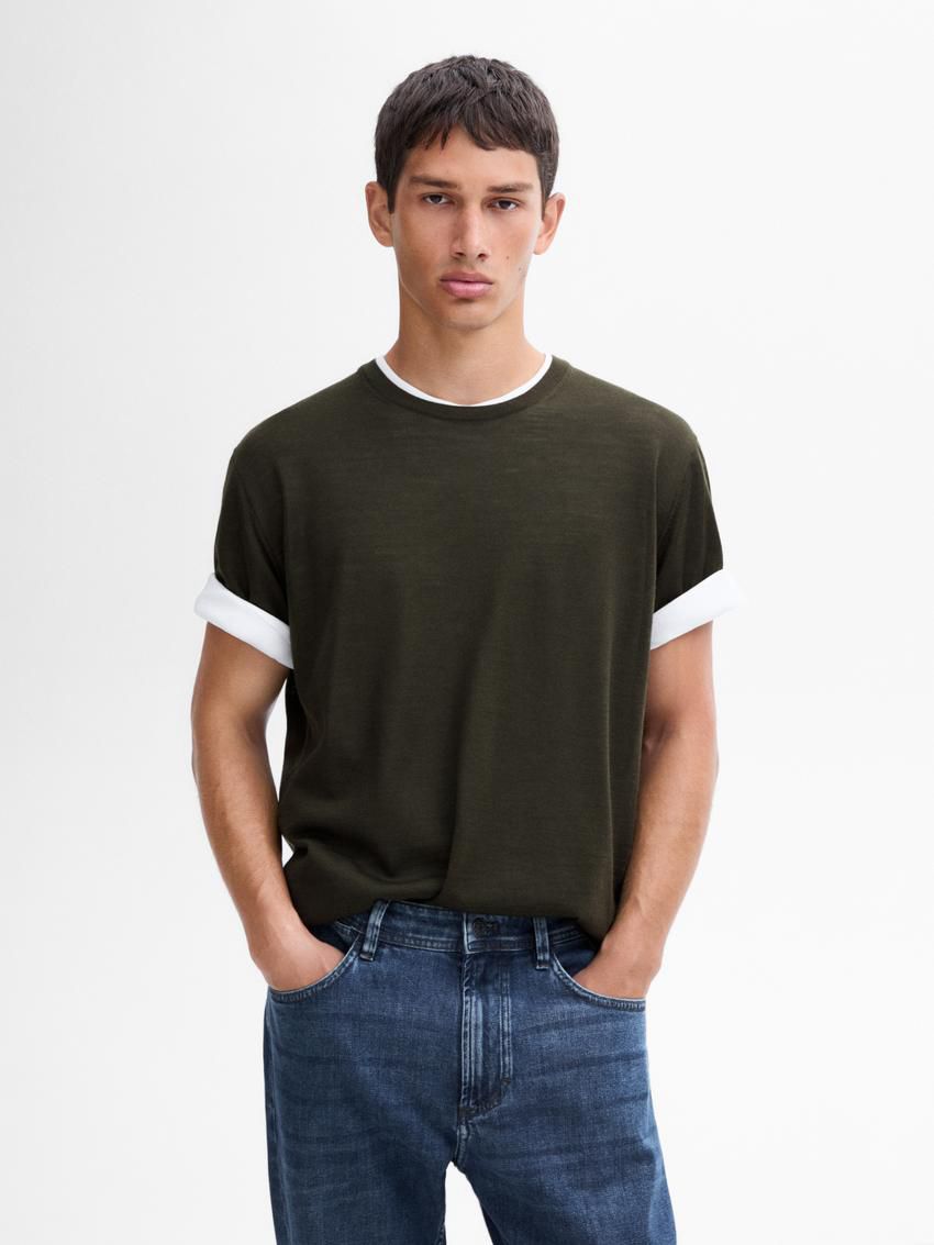 Massimo Dutti Knitted Wool Blend Men T-Shirt Dark Khaki | US-MR0469375