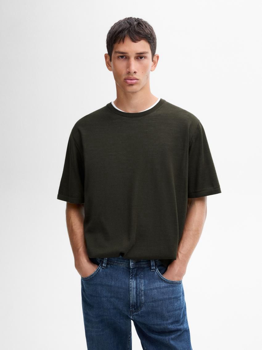 Massimo Dutti Knitted Wool Blend Men T-Shirt Dark Khaki | US-MR0469375