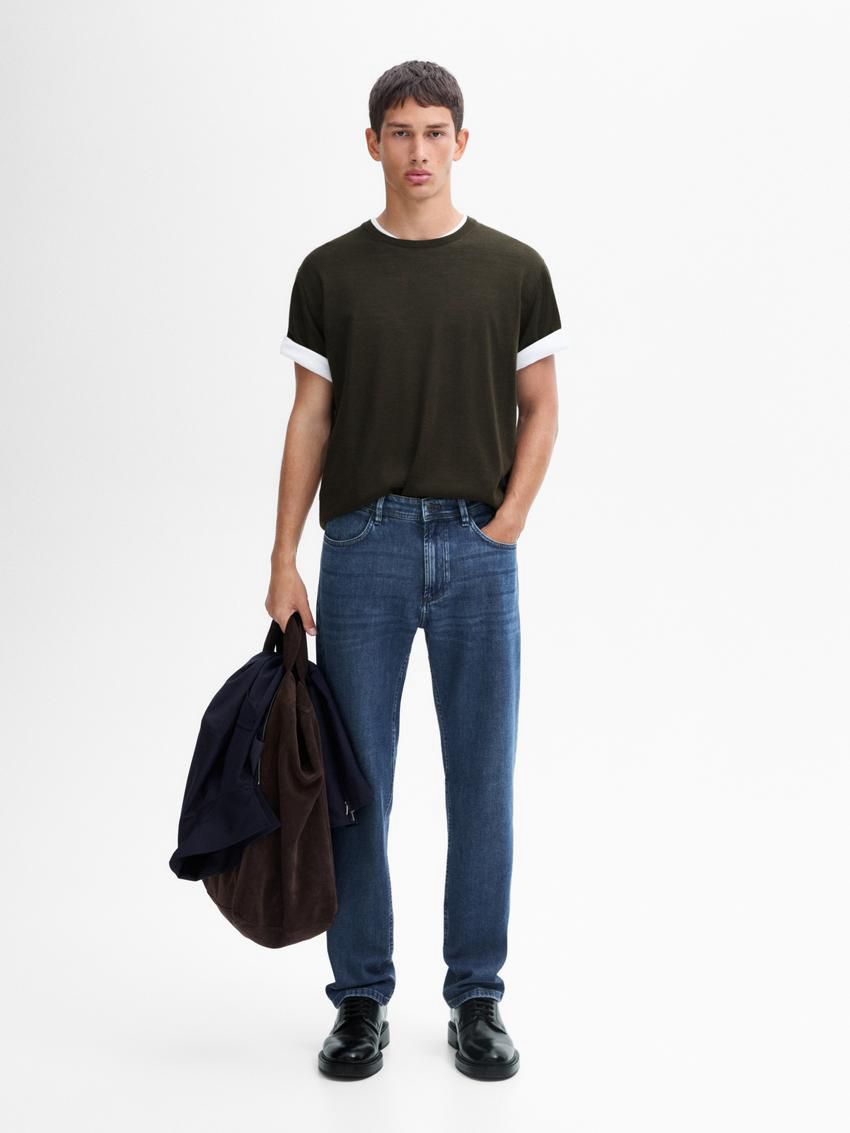 Massimo Dutti Knitted Wool Blend Men T-Shirt Dark Khaki | US-MR0469375