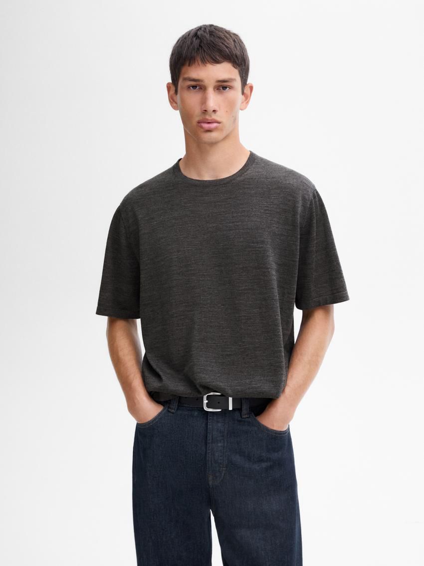Massimo Dutti Knitted Wool Blend Men T-Shirt Dark Grey | US-MY6802314