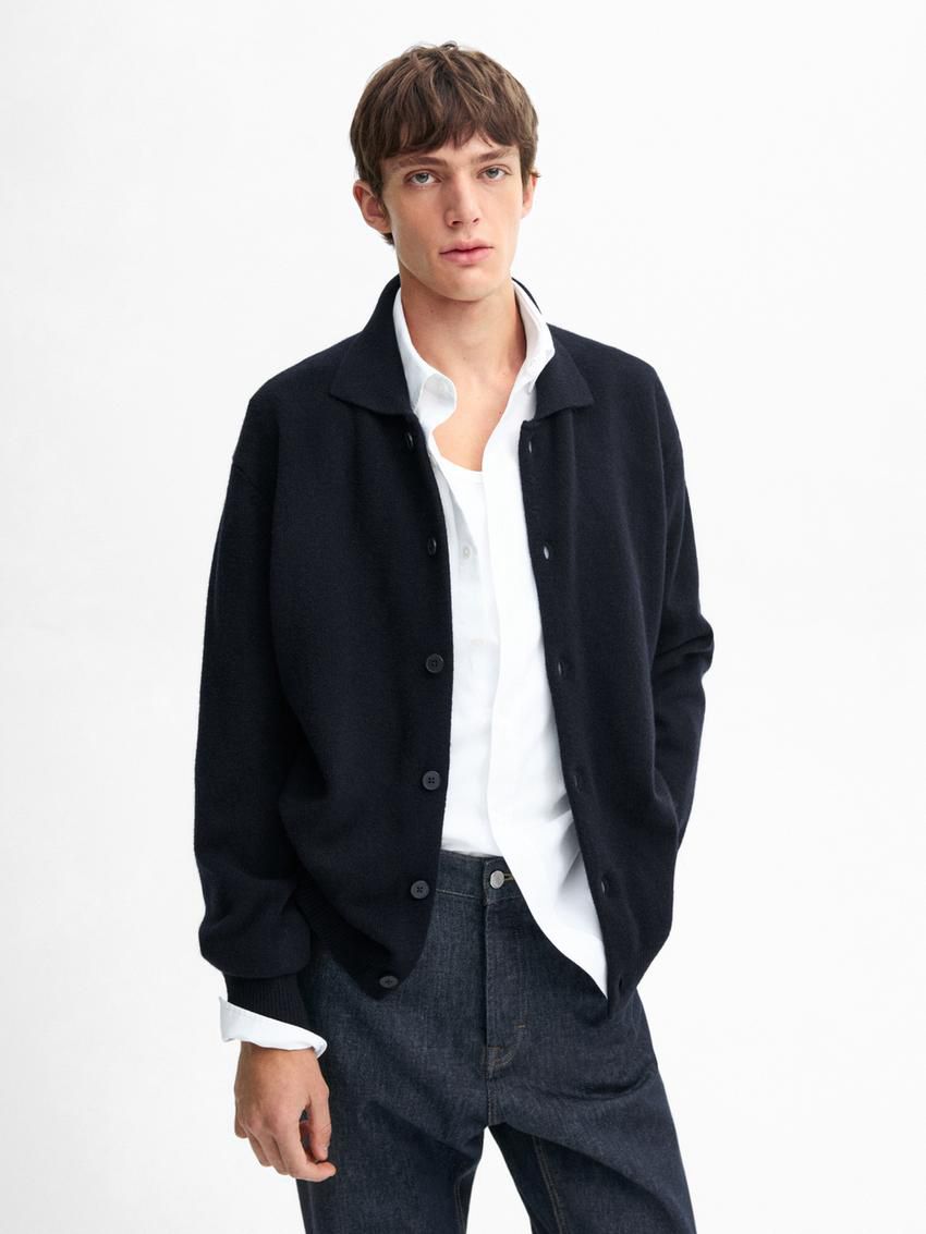 Massimo Dutti Knitted Wool Men Cardigan Navy | US-VR1789426