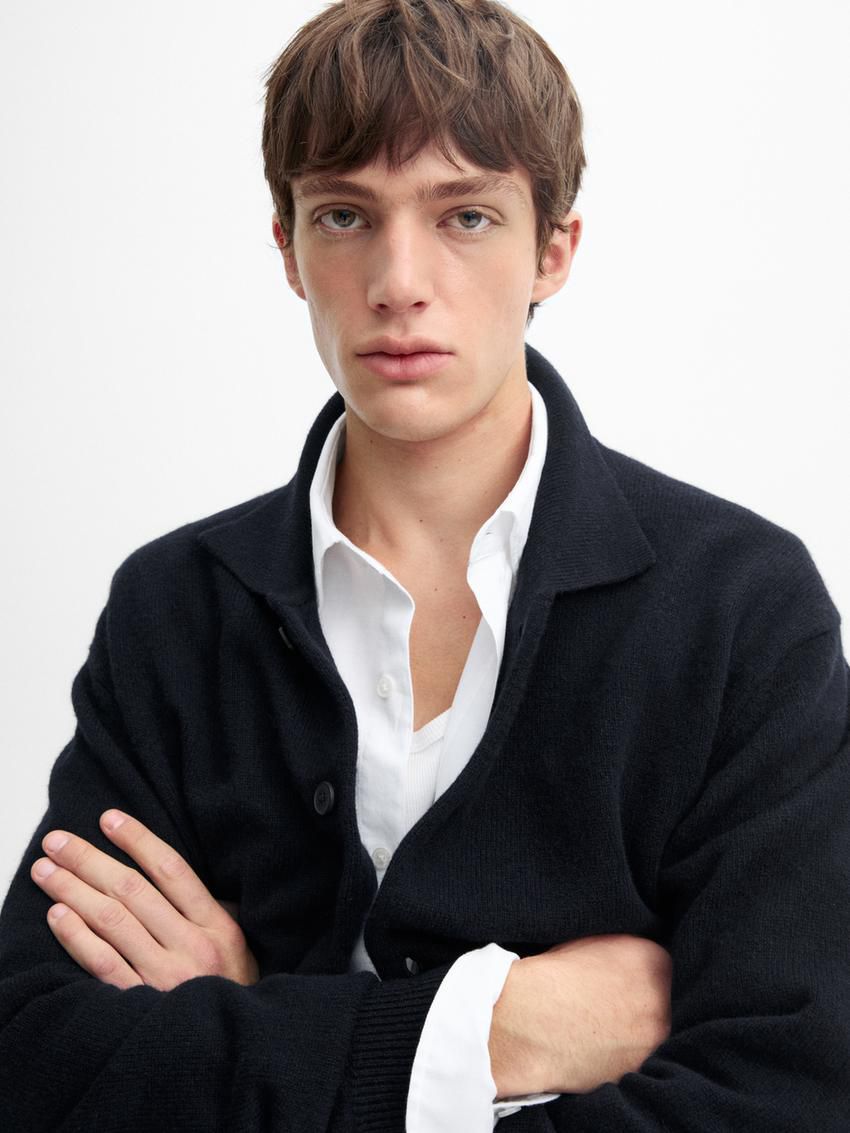 Massimo Dutti Knitted Wool Men Cardigan Navy | US-VR1789426
