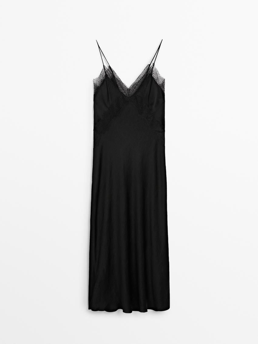 Massimo Dutti Lace Midi Slip Women Dress Black | US-EM4523867