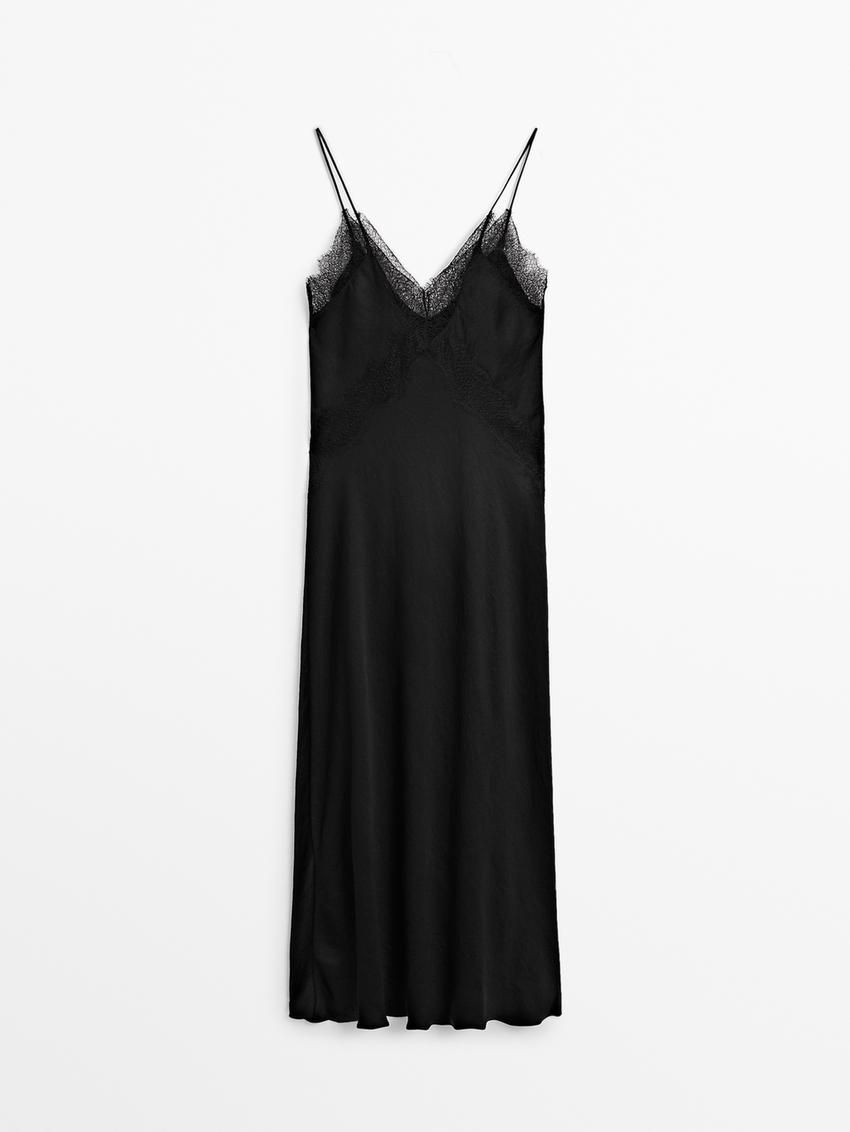 Massimo Dutti Lace Midi Slip Women Dress Black | US-EM4523867