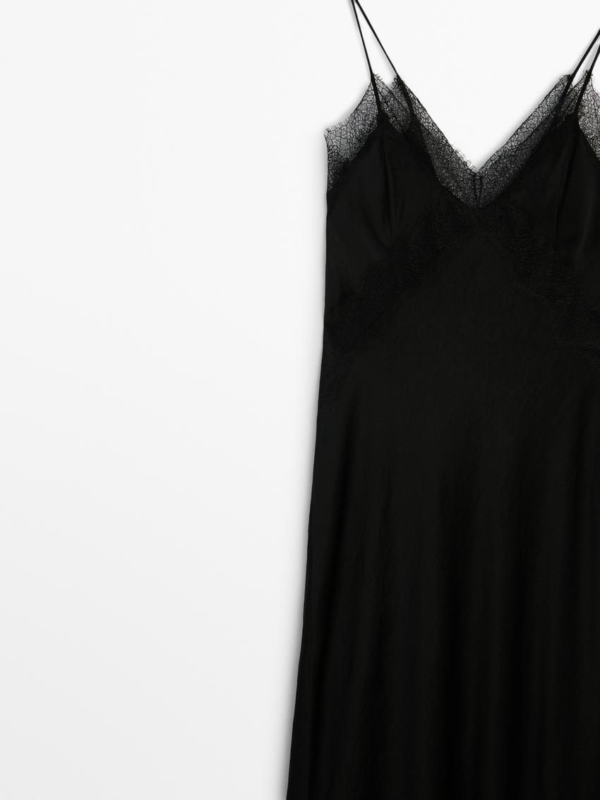 Massimo Dutti Lace Midi Slip Women Dress Black | US-EM4523867