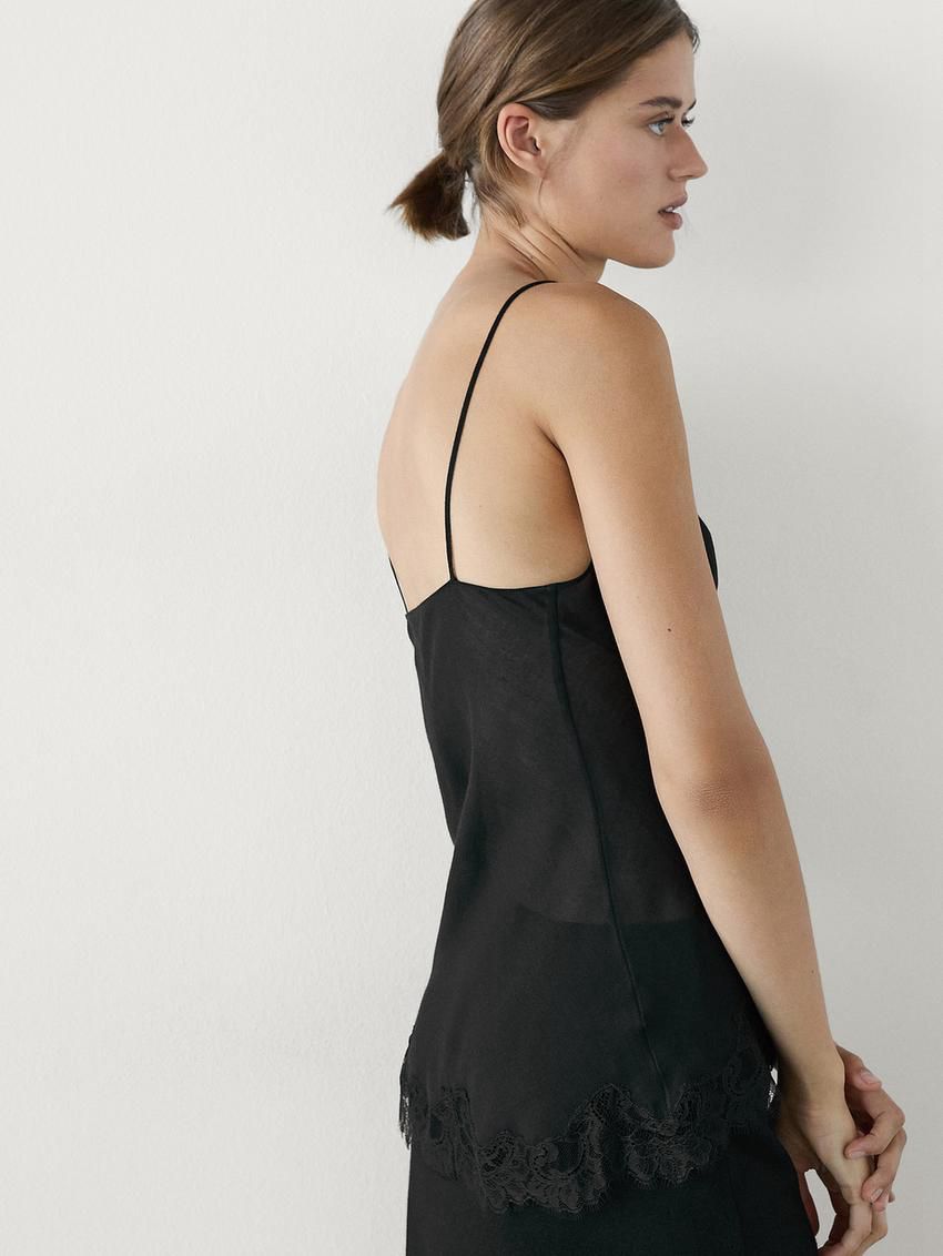 Massimo Dutti Lace-trimmed Camisole Women Top Black | US-JS1654980