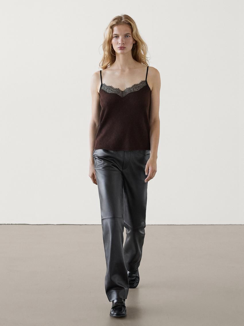 Massimo Dutti Lace-trimmed Camisole Women Top Chocolate | US-VG4735609