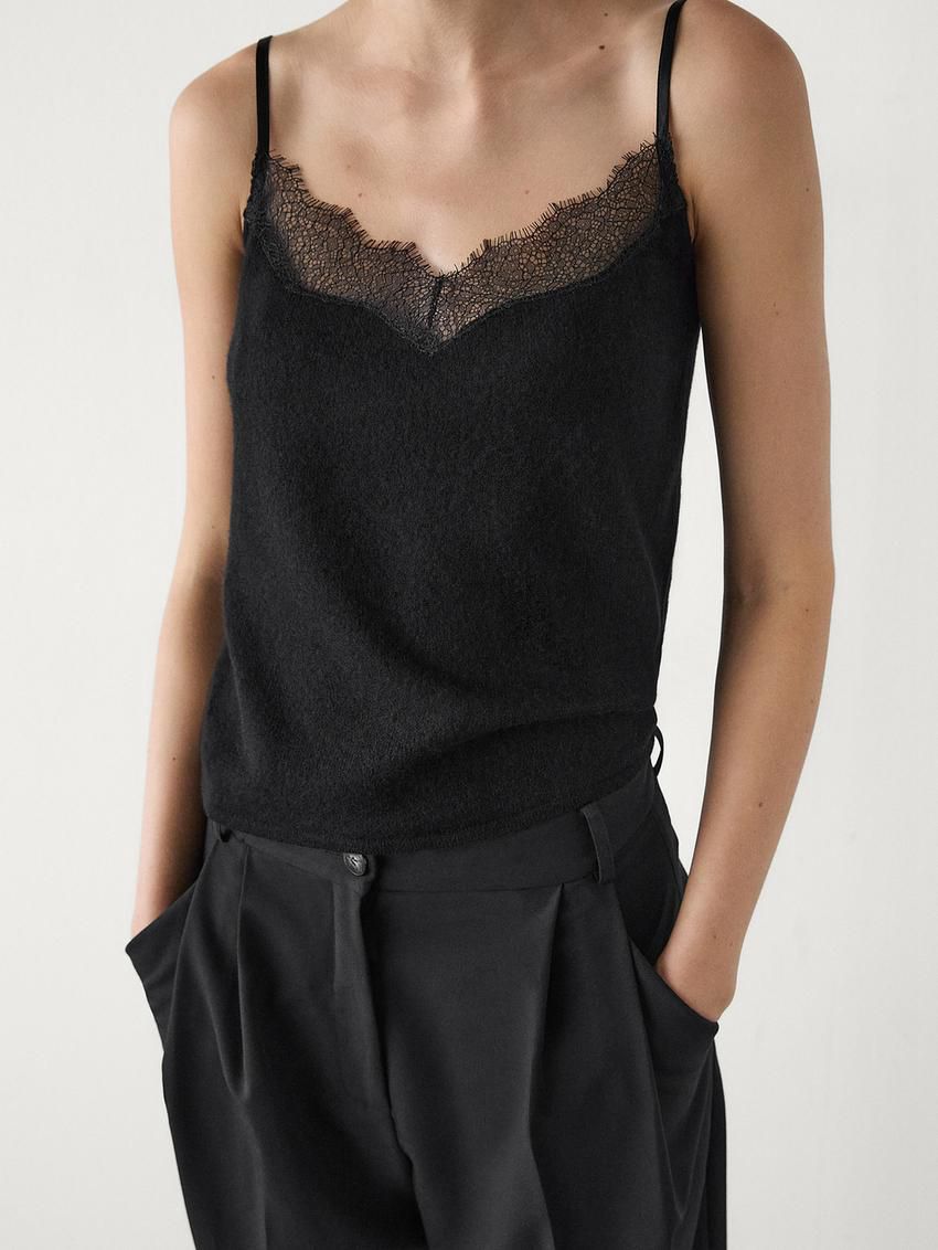 Massimo Dutti Lace-trimmed Camisole Women Top Black | US-ML5894102