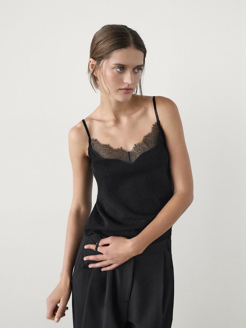 Massimo Dutti Lace-trimmed Camisole Women Top Black | US-ML5894102