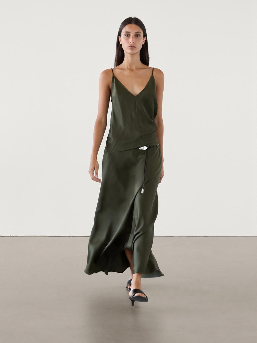 Massimo Dutti Lace-trimmed Midi Co-ord Women Skirts Green | US-JG3192087