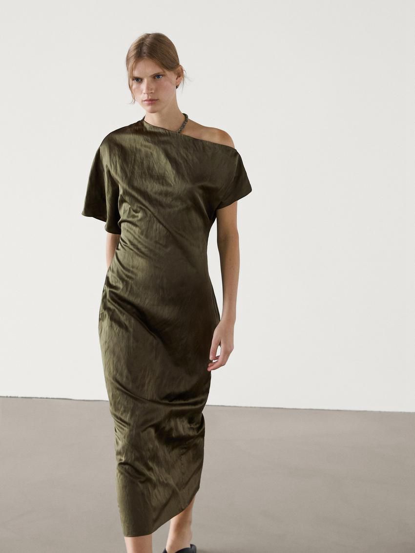 Massimo Dutti Lace-trimmed Midi With Shoulder Detail Women Dress Olive | US-CW5096217
