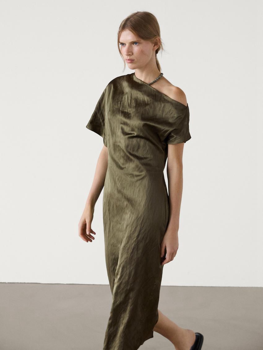 Massimo Dutti Lace-trimmed Midi With Shoulder Detail Women Dress Olive | US-CW5096217