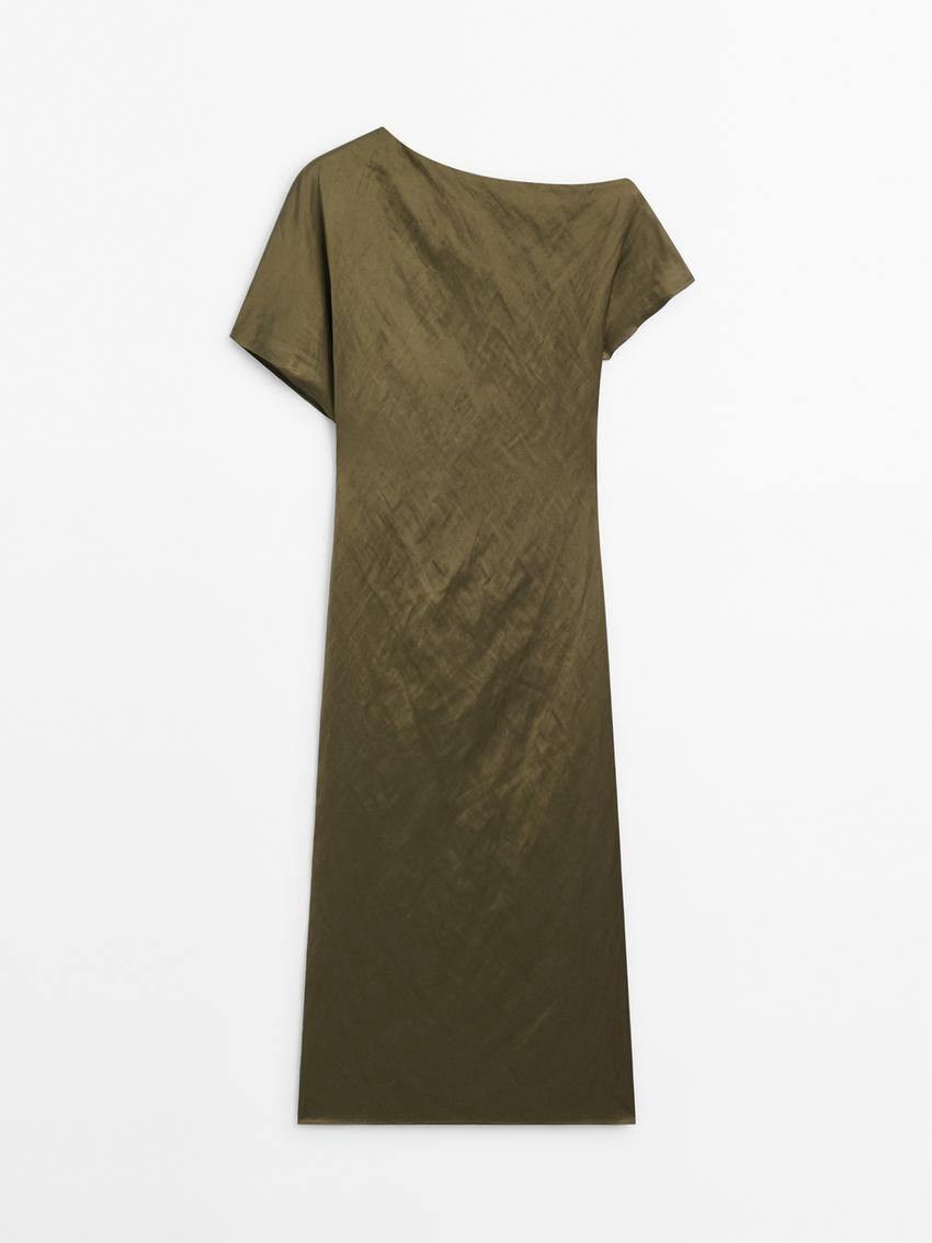Massimo Dutti Lace-trimmed Midi With Shoulder Detail Women Dress Olive | US-CW5096217
