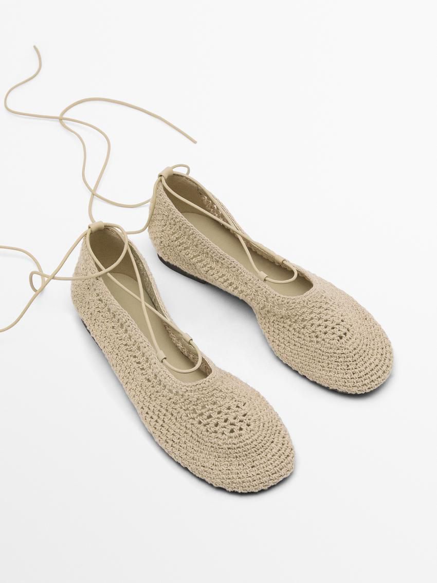 Massimo Dutti Lace-up Crochet Women Ballet Flats Cream | US-IS9673485