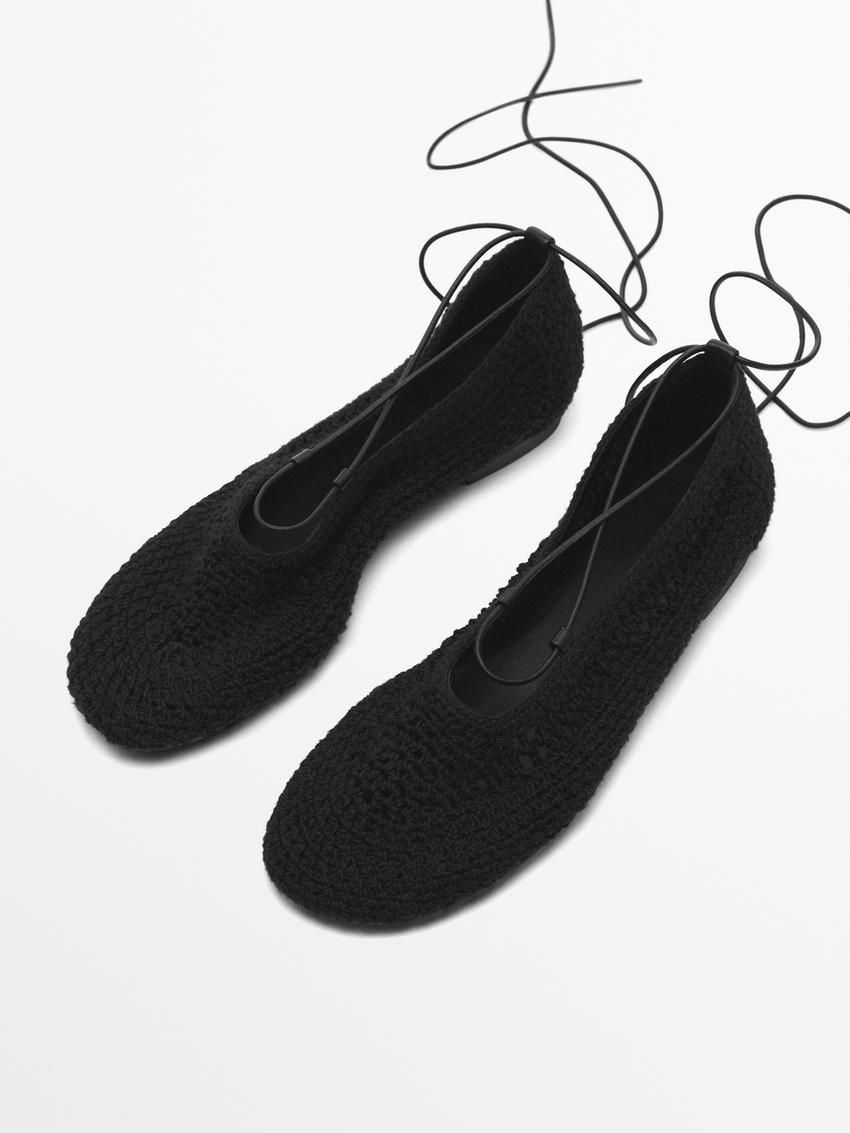 Massimo Dutti Lace-up Crochet Women Ballet Flats Black | US-EK9147635
