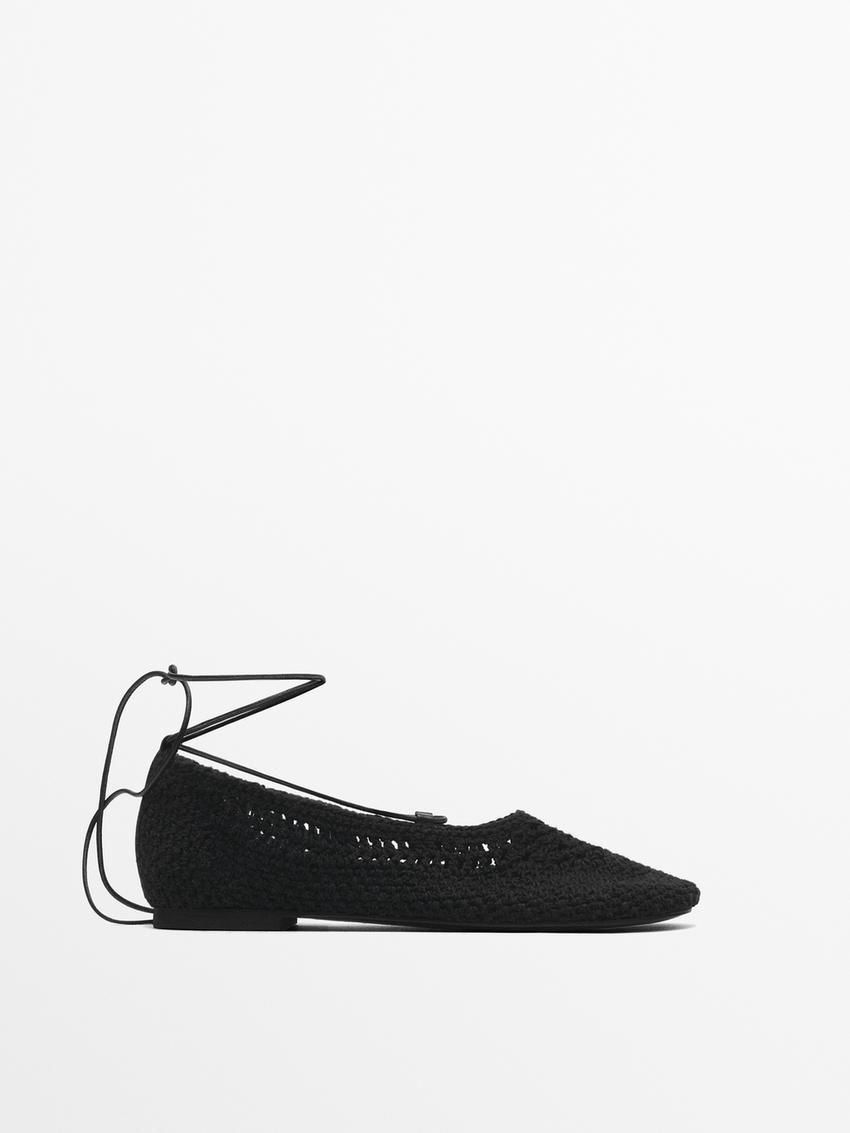 Massimo Dutti Lace-up Crochet Women Ballet Flats Black | US-EK9147635