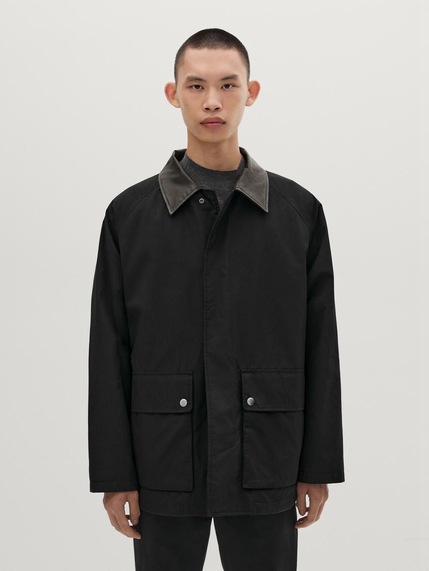 Massimo Dutti Leather Collar Detail Men Jacket Navy | US-DC3489502