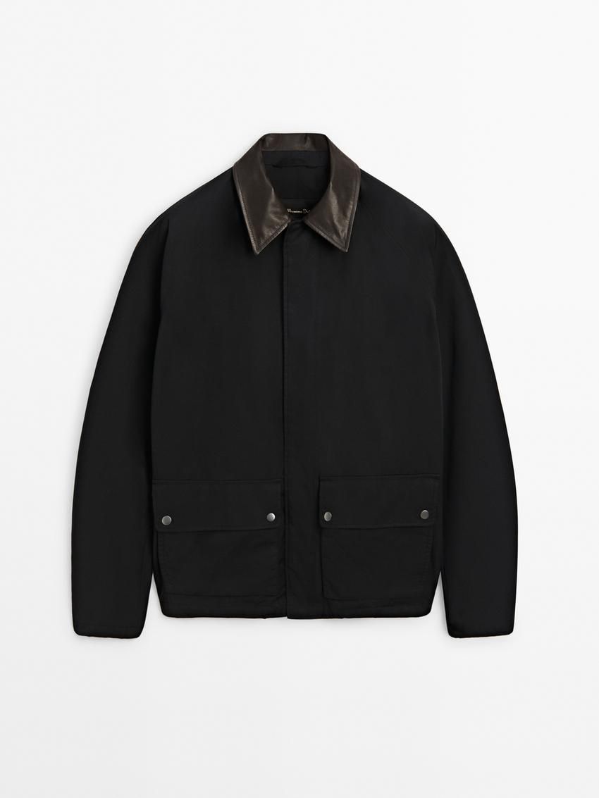 Massimo Dutti Leather Collar Detail Men Jacket Navy | US-DC3489502